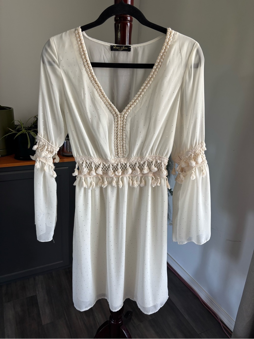 Ivory Bell-Sleeve Tassel Trim Dress - Picture 3 of 6